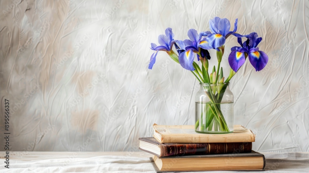 Sticker Purple Irises in a Glass Vase on a Stack of Books