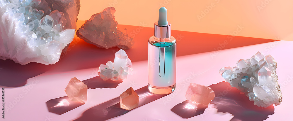 Sticker Facial serum bottle and crystals, wellness flat lay on pink surface