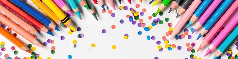 Naklejka premium Colorful kids' party banner with stationery and confetti on white, designed with ample space for text.