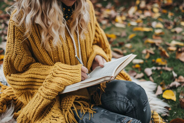 Woman practices gratitude journaling in autumn