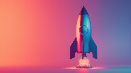 Obraz premium A sophisticated 3D illustration of a rocket business object, highlighted against a smooth, gradient backdrop. The design showcases the rocket's modern lines and futuristic appeal, with ample copy