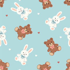 Cute seamless pattern with toy bunnies and bears. Vector graphics