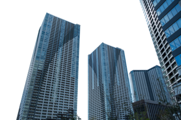 Tokyo city skyscrapers isolated on white transparent, under view. Japan	