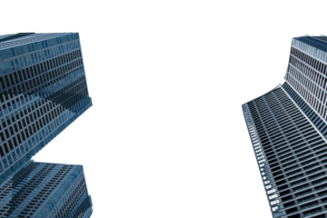 Tokyo city skyscrapers isolated on white transparent, under view. Japan	