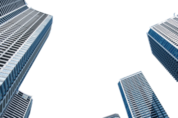 Tokyo city skyscrapers isolated on white transparent, under view. Japan	