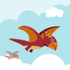 Cute dinosaur pteranodon cartoon flat illustration of a cheerful up historical character for greeting card design, congratulation and invitation postcard creation. © Setia69