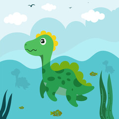 Cute dinosaur cartoon flat illustration of a cheerful up historical character for greeting card design, congratulation and invitation postcard creation.