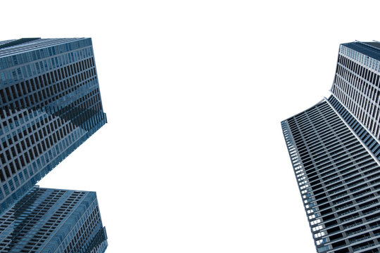 Tokyo city skyscrapers isolated on white transparent, under view. Japan	