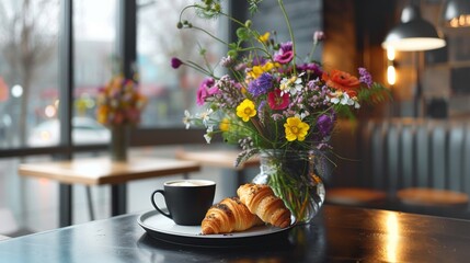 Breakfast in a cafe. Fragrant coffee in a black cup, crispy croissants and a vase with wildflowers on a black wooden table
