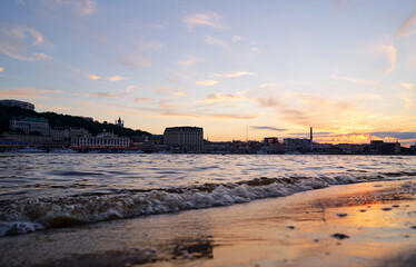 View of Dnipro river and Kyiv city at sunset time, Ukraine.