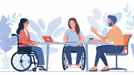 Fototapeta premium Inclusive workplace with a woman in a wheelchair participating in a recruitment meeting, representing diversity in employment and career opportunities for disabled individuals