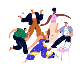 Dancing people at disco. Happy men, women group at modern retro vinyl music party. Fun and rave, young excited characters, trendy youth. Flat vector illustration isolated on white background
