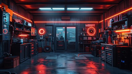 A high-tech garage with robotic vehicle maintenance systems and neon-infused tools, promoting automotive care 