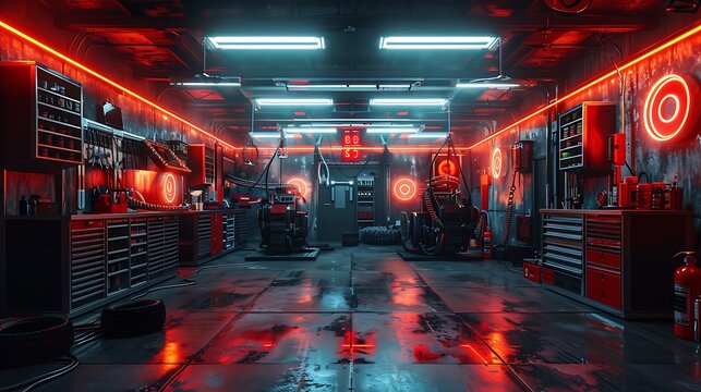 A high-tech garage with robotic vehicle maintenance systems and neon-infused tools, promoting automotive care 