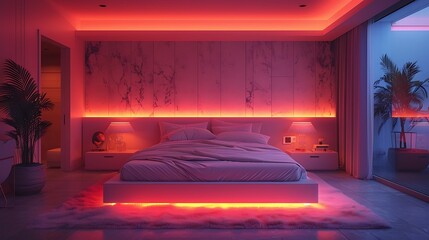 A sleek bedroom with interactive digital sleep aids and neon-lit decor, promoting restful sleep 