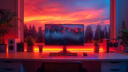 A sleek home office with interactive digital workstations and neon-lit productivity tools, promoting efficiency 