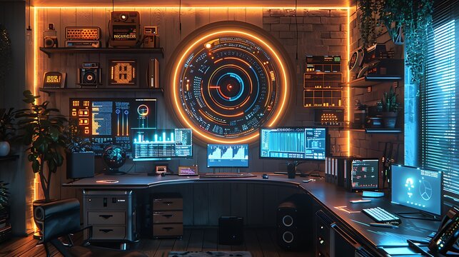 A sleek home office with interactive digital workstations and neon-lit productivity tools, promoting efficiency 