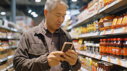 Middle-aged male shopper scans a sauce bottle with his phone in a grocery store, checking details on the screen.