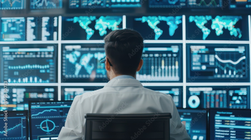 Poster manager reviewing algorithm performance on a futuristic dashboard, market analysis through advanced 