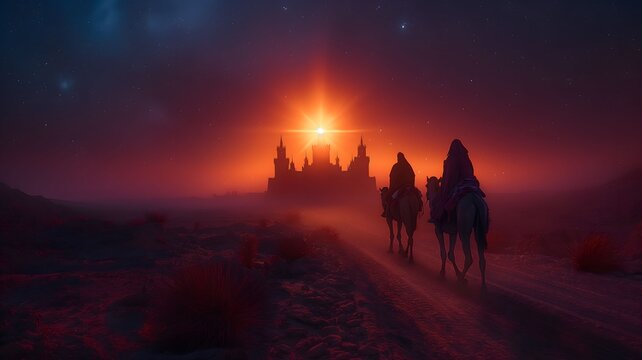 Biblical Illustration, Wise Men from the East Go to Jerusalem to See the Newborn Baby Jesus