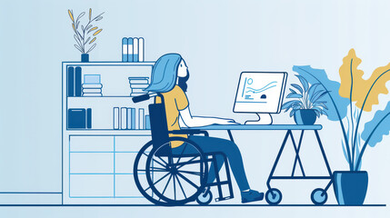 Fototapeta premium Office environment with a blue-haired female employee in a wheelchair, working remotely at her computer, emphasizing inclusivity and Pride Month business marketing