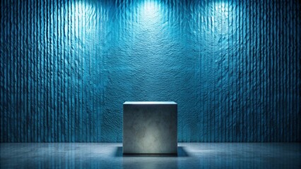 A blue pedestal in front of an abstract, textured wall, with soft, ambient lighting creating an artistic and contemporary display space.