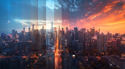 A stunning timelapse image of a cityscape showcasing the transition from day to night The photo captures different times of the day