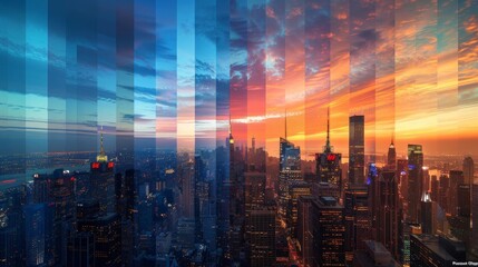 A stunning timelapse image of a cityscape showcasing the transition from day to night The photo captures different times of the day