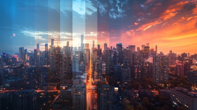 A stunning timelapse image of a cityscape showcasing the transition from day to night The photo captures different times of the day