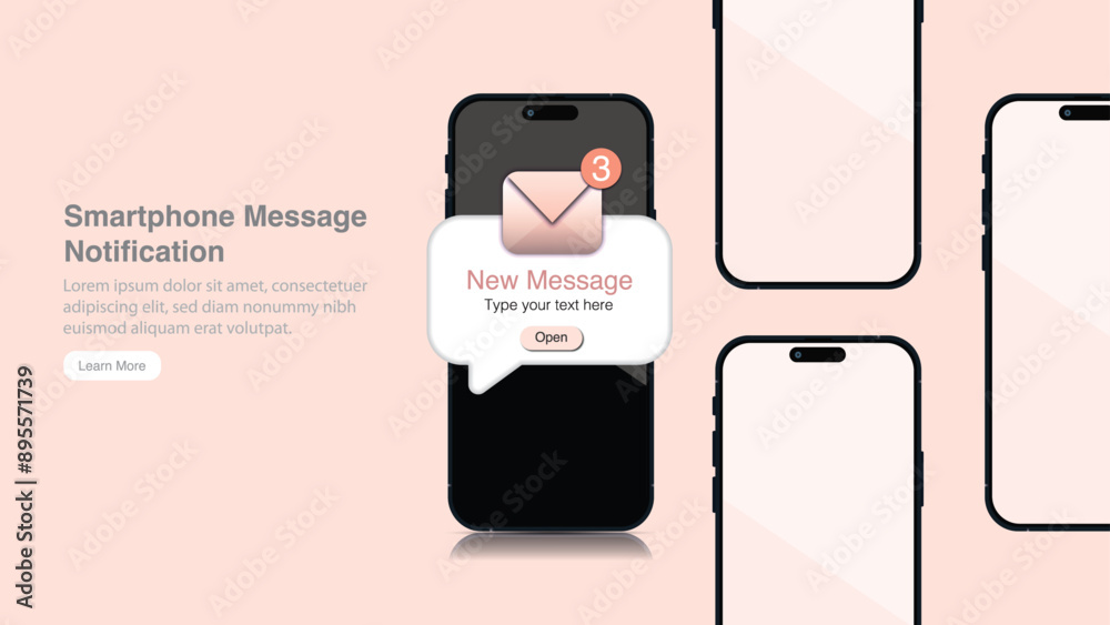 Poster new message notification with envelope label on smartphone screen device banner. mobile phone with p