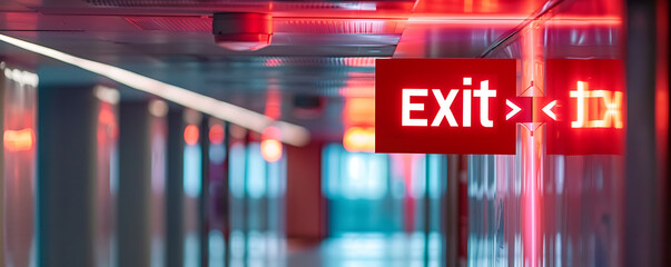 A dimly lit building corridor featuring a prominent red emergency exit sign