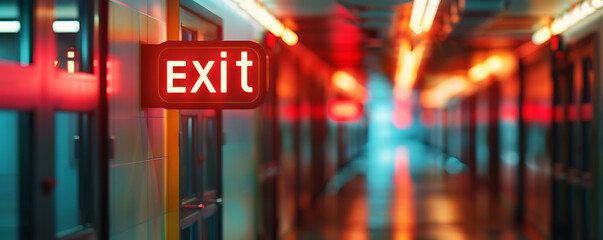 A dimly lit building corridor featuring a prominent red emergency exit sign