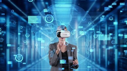 Woman searching coding programing update finance data world shape by VR future global interface digital infographic network technology virtual hologram animation sliding at server room. Contraption. - Powered by Adobe