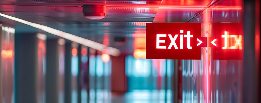 A dimly lit building corridor featuring a prominent red emergency exit sign