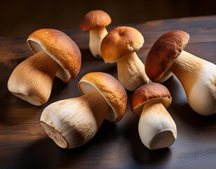 Boletus edulis or porcini mushrooms on wooden background