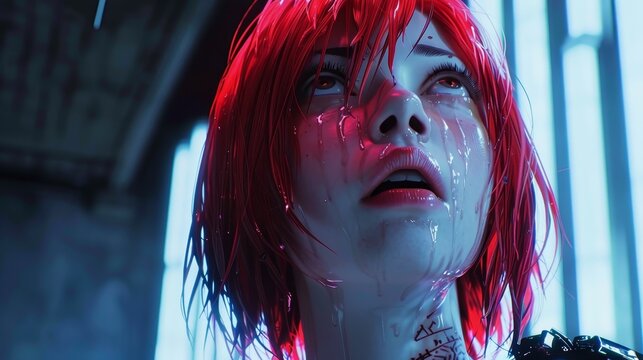 Cyberpunk alleyway scene with anime protagonist in a contaminated red shirt, facing a blue screen, urban futurism and dystopian atmosphere.