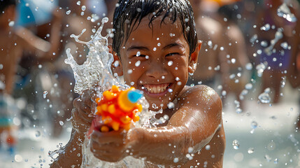 Fototapeta premium Vibrant Songkran festival, Thai New Year water fights, 