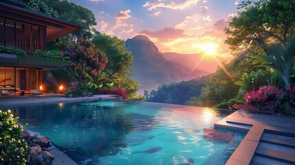 Obraz premium Relaxation retreat destinations for rejuvenating getaways, highlighting serene environments in a tranquil and revitalizing style