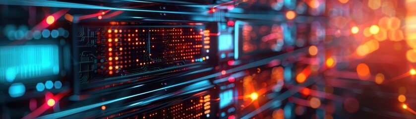 Modern Data Center with High-Tech Servers and Colorful LED Lights in a Futuristic Environment