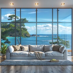 Large window in a modern living room 3D rendering, with a sofa and blue sea view background, capturing a summer vacation essence