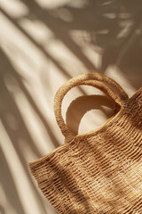 Straw bag in minimalist shadows composition. Accessories, beach aesthetic concept.