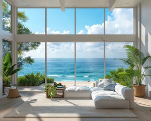 3D rendering of a luxurious beach house interior with a large window, sofa, and stunning blue sea view, summer vibe