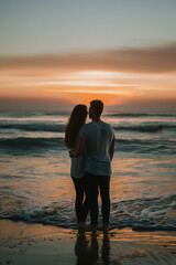 Fototapeta premium A couple standing together at the beach during sunset, reflecting love and companionship in a serene setting.