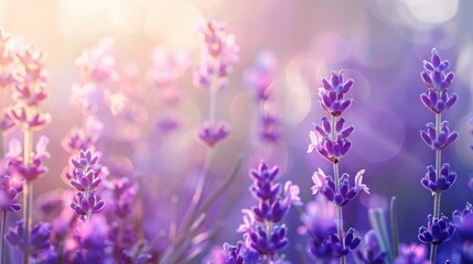 Obraz premium A field of purple flowers with a bright sun shining on them