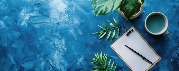 Vibrant blue background, stationery set, watercolor technique, soft edges, artistic rendering, calm and soothing, high detail