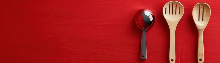 Bold red background, neatly placed utensils, flat lay, minimalist style, vibrant colors, clean and simple, contemporary feel