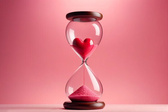 hourglass with red heart. Red heart flowing in hourglass on pastel background - Time for love concept	