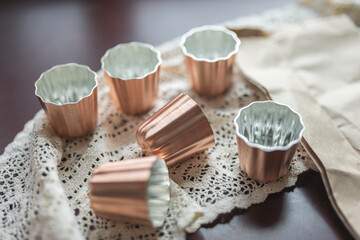 caneles french traditional dessert from Bordeaux and copper mold,season copper mold