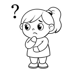 A line art thinking girl or kids with a thought bubble and question mark