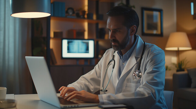  A doctor conducting a virtual consultation with a patient, using a laptop with medical software, in a modern, well-lit home office setup